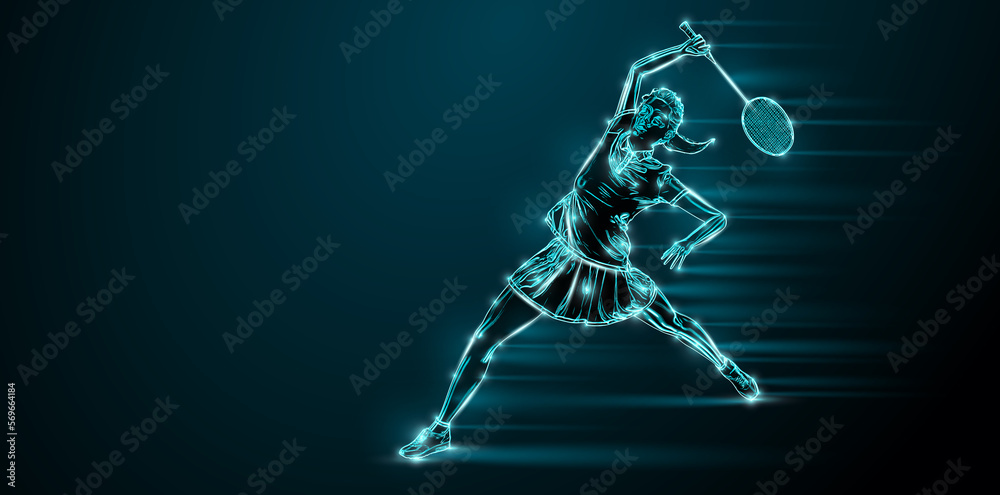 Abstract silhouette of a badminton player on black background. The badminton player woman hits the shuttlecock.