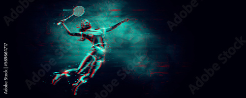 Abstract silhouette of a badminton player on black background. The badminton player woman hits the shuttlecock.