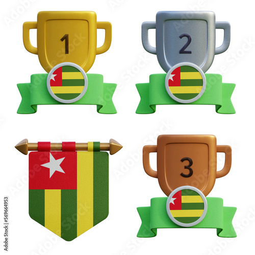 3d render, transparent game asset, pennant with national flag of Togo winner podium
