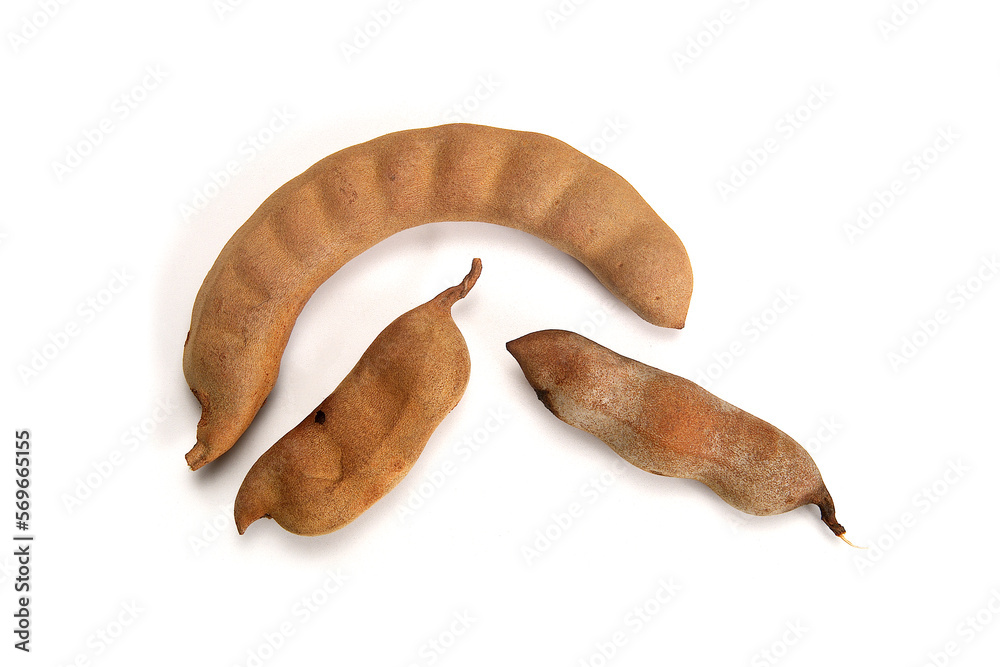 Tamarind, fresh tamarind fruits isolated on white background, Tamarindus indica, sweet tamarind dried fruit