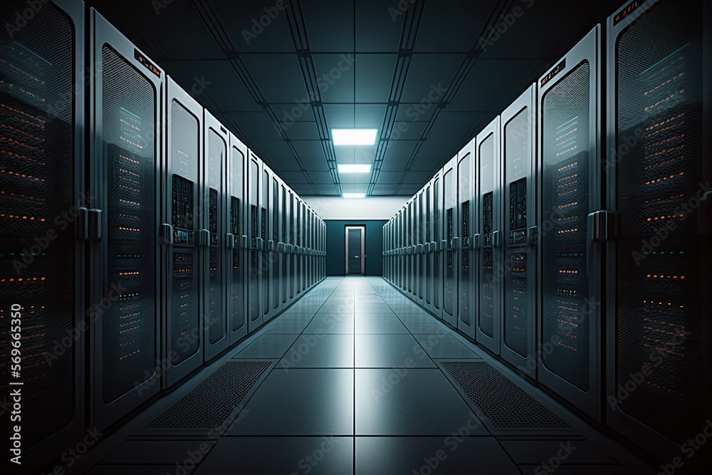 Shot of Corridor in Working Data Center Full of Rack Servers and Supercomputers with Cloud Storage Shot of Corridor in Working Data Center Full of Rack Servers and Supercomputers with Cloud Storage
