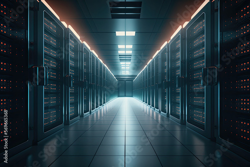 Shot of Corridor in Working Data Center Full of Rack Servers and Supercomputers with Cloud Storage