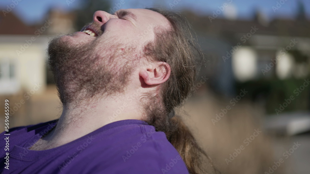 Fototapeta premium Portrait of an amazed caucasian overweight man standing outdoors feeling surprised WOW reaction. emotions of happiness triumph