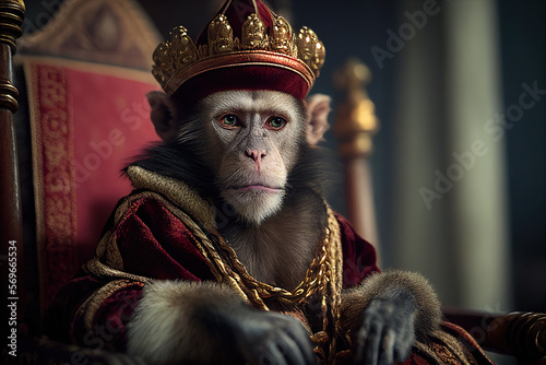Monkey in royal robe and crown on throne. AI generative illustration