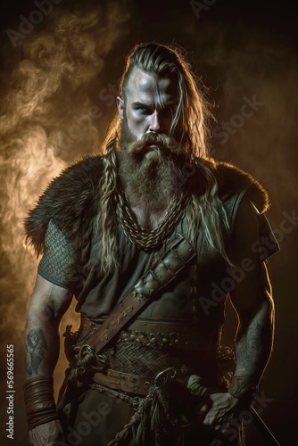 Illustration of handsome strong and muscular Viking man with tattoo holding a weapon in a dark foggy alley. Historical Viking culture concept. Generative AI © Michael