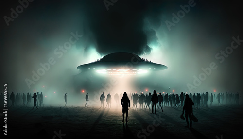 Fotografia Hundreds of people walking towards a large UFO in the mist