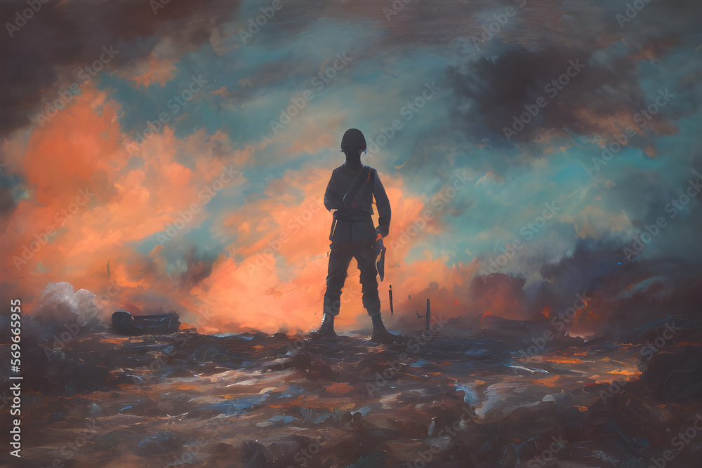 A soldier stands alone after the rest of his comrades died in the war on the battlefield, a scene illustrating the true cost of war. Generative AI.