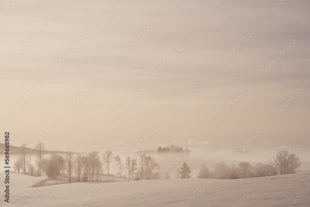 Cultural landscape of Norwegian February winter at rural Toten.