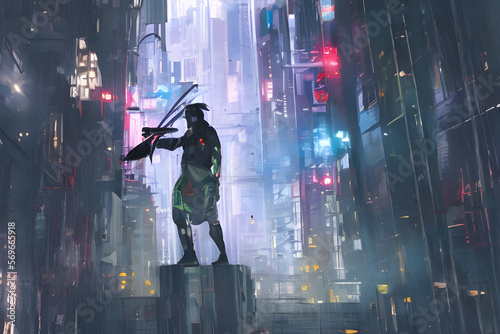 The future samurai man stands on top of a building in the city at a rainy night. Generative AI.
