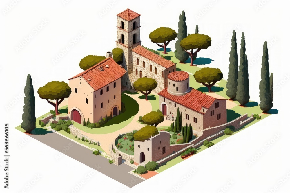 Italy's Tuscany region's village of Monteriggioni, isolated on a white background. Generative AI