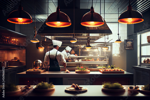 Leinwand Poster Professional modern kitchen in a restaurant, generative AI