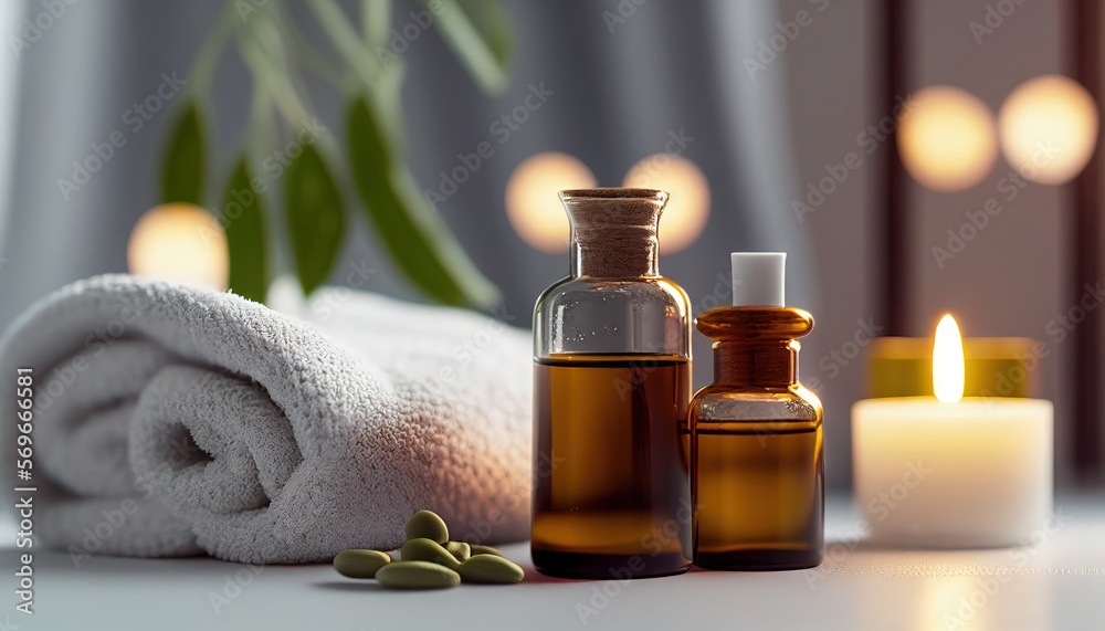 Relaxation - Essential Oil Bottle, Towel, and Candles on a White Table Background. Generative AI.