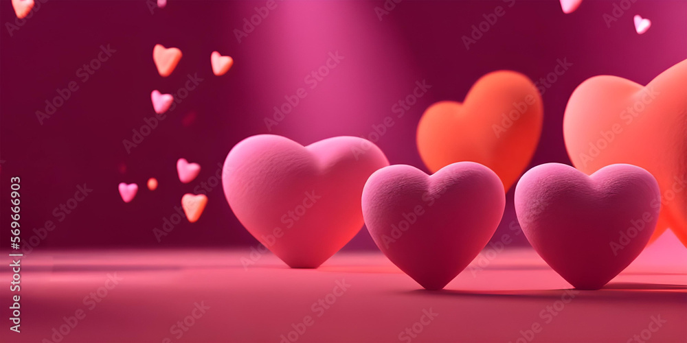 3D hearts on a red background. Pink, red & orange gradients 3D hearts on a red background. Pink, red & orange gradients