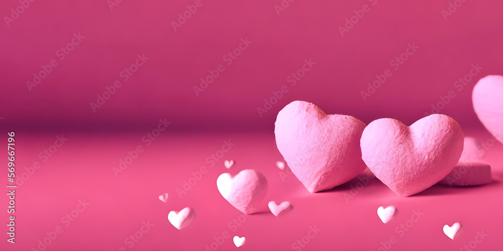Pink hearts on a pink bokeh gradient background, creating a magical and romantic atmosphere perfect for Valentine's Day. The shallow depth of field. Copy space, inspirational