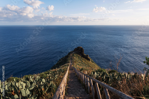 Amazing nature ocean view with cliff  mountain  cactuses and wooden walkway at sunset. Volcanic island of Madeira  Portugal. Panoramic view