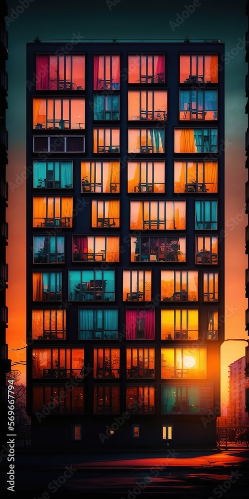 Fototapeta premium Vibrant color in windows of building apartment. Vertical Generative AI Illustration