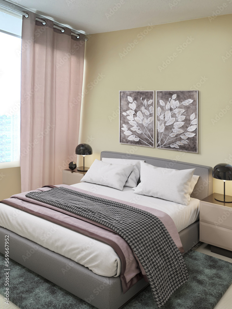 Luxurious Bright Bedroom With Comfortable King Size Bed and Modern Furniture. Template For Expensive Bedroom. Concept For Interior, Architecture and Lifestyle. 3D illustration. Florida, USA - 2023