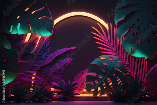 tropical neon party background with plants and palm trees party 