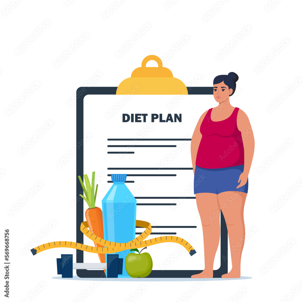 Fat woman standing on weigh scales. Diet plan checklist. Healthy food and sports. Vector illustration. Fat woman standing on weigh scales. Diet plan checklist. Healthy food and sports. Vector illustration.