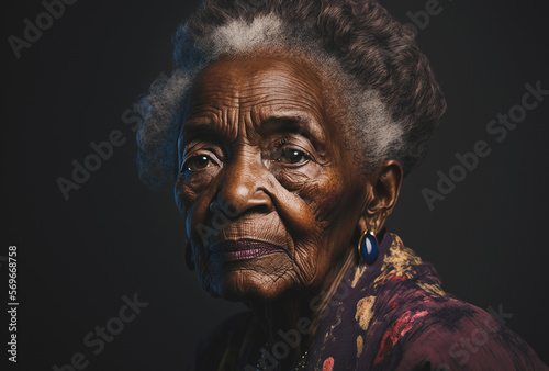 Old black woman with wrinkles on her wise face. Generative AI © Haydiddle