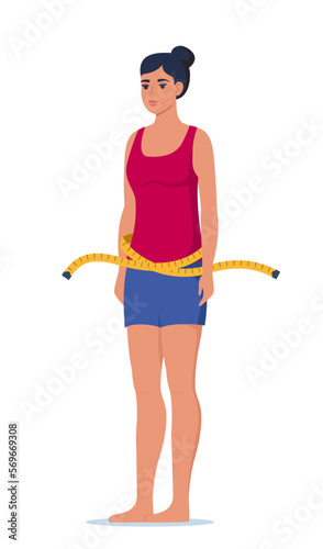 Beautiful slim woman and measuring tape. Idea of weight loss and healthy living. Beautiful female character after losing weight. Weight loss concept. Vector illustration.