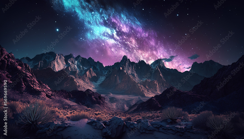 Cosmic Starry Night in Outer Space Background, Mountains on Strange Planet, Futuristic with Purples, Blues, and Grays - Generative AI