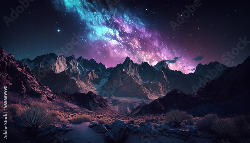 Cosmic Starry Night in Outer Space Background  Mountains on Strange Planet  Futuristic with Purples  Blues  and Grays - Generative AI