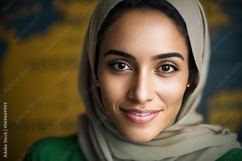 Smiling young college female student wearing a hijab looking at the camera. generative AI
Smiling young college female student wearing a hijab looking at the camera. generative AI