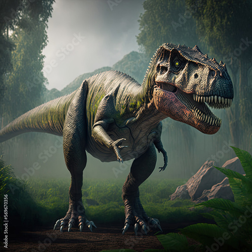 Tyrannosaurus walking in a tropical forest created with Generative AI technology. © aigarsr