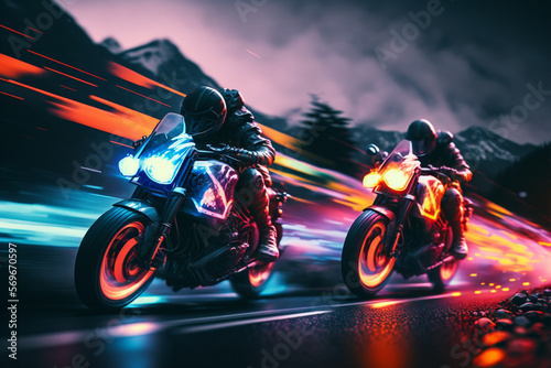 Racing cyberpunk motorcycles down a road with neon lights. Generative AI