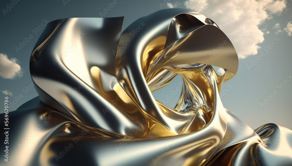 Shimmering Futuristic Fabric Element on Sky Background - 3D Render, Metallic Foil Abstract Design for Websites, Banners, Wallpapers, Posters