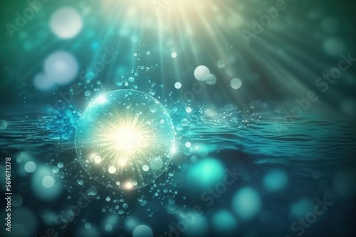Lens flare and soft focus bokeh lighting effects over a background of rippling blue water. Generative AI