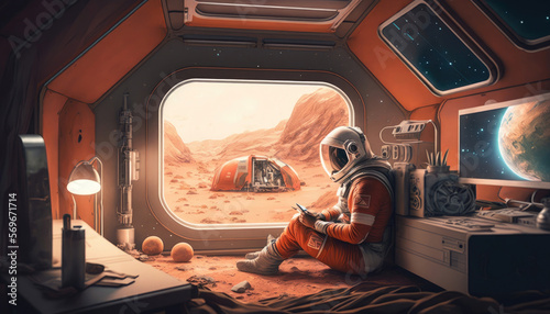 Leinwand Poster Astronaut in costume sitting in room at colony on Mars, future life on red plane