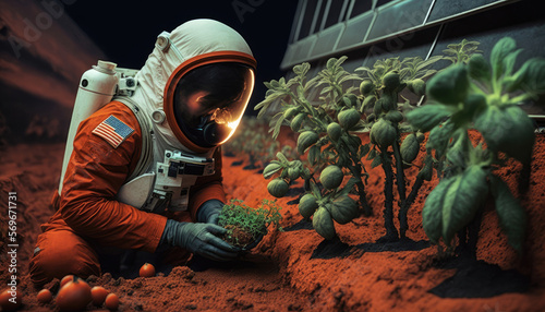 Astronaut on Mars growing plants, food farm and harvesting on red planet concept. Biological terraforming, paraterraforming, adapting humans on Mars Generative AI illustration