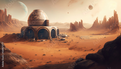 Fotografija Science fiction USA colony on Mars, Landscape with desert and mountains Generati