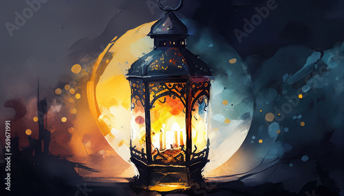 Ramadan Kareem watercolor art with traditional lantern and night sky, Muslim holy month concept background, Generative AI wallpaper