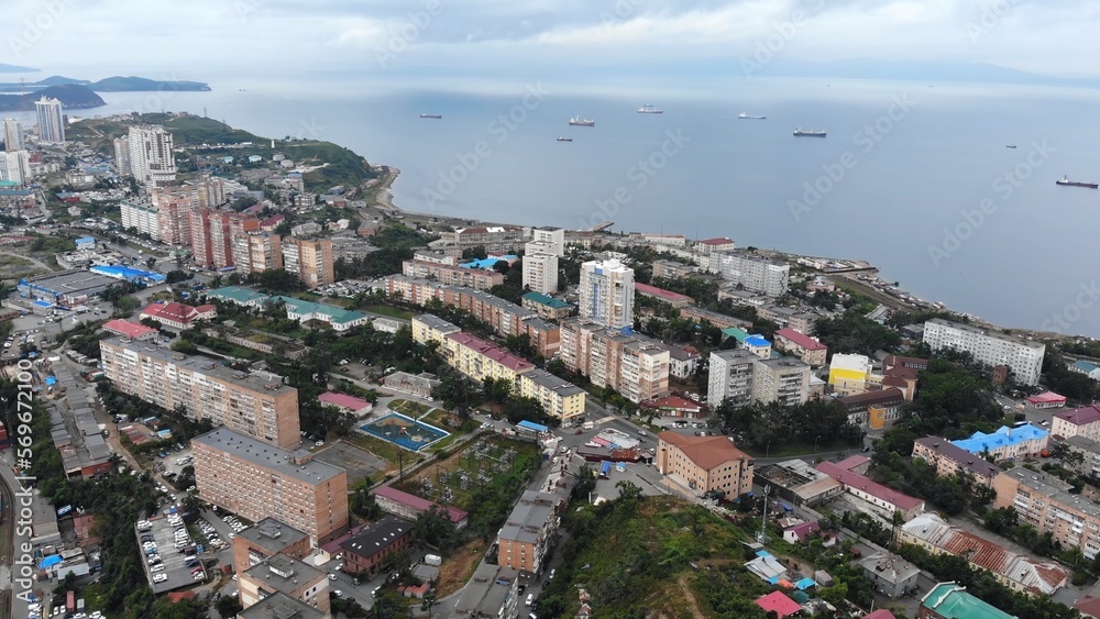 Aerial view of the outskirts of the city of Vladivostok.