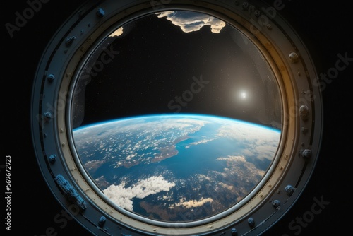 View of Earth as seen via a space station viewport. Generative AI