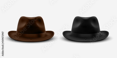 Vector 3d Realistic Brown and Black Vintage Classic Gentleman Black Hat, Cap Set Closeup Isolated on White Background. Front View. Unisex Hat Design Template. Vector Illustration