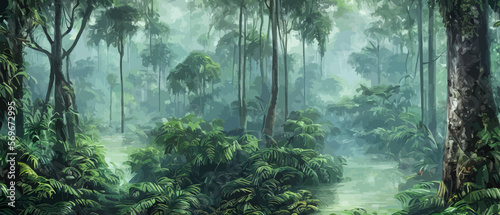 Tropical vintage botanical landscape illustration, palm tree, vegetable flower border background. Exotic green jungle photo