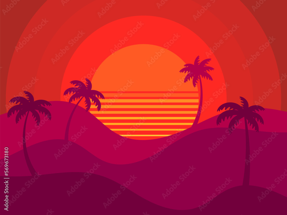 Palm trees on a retro sunset background. Tropical palm trees against the backdrop of a futuristic sunset. Design for promotional products, banner and poster. Vector illustration