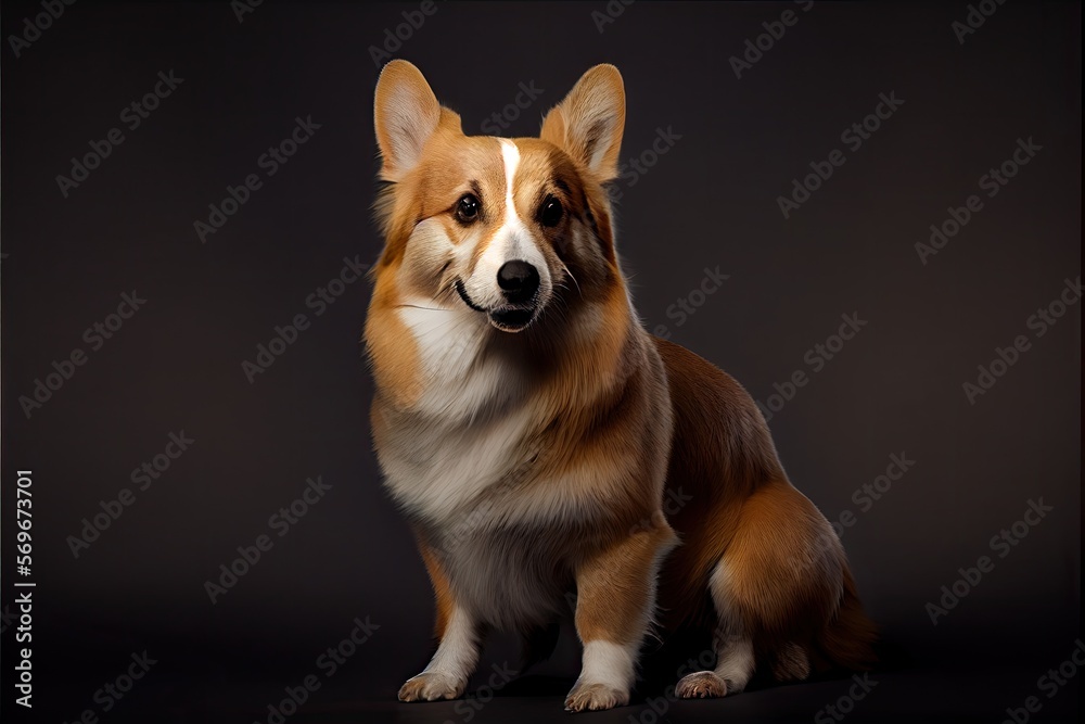 Portrait of a corgi puppy dog sitting on black background. Generative AI