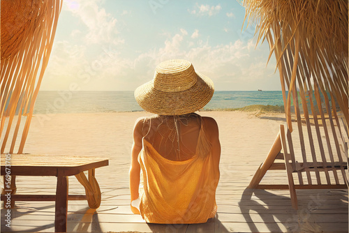 Woman in straw hat on beach.. © Ivan