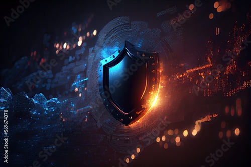 Shield cyber security system illustration. Online safety protection firewall. Generative AI