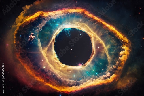Southern Ring Nebula. Space collage from JWST. James webb telescope research of galaxies. Deep space. Generative AI photo