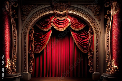 Red velvet curtain on a stage. Generative AI