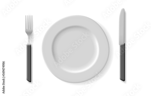 White plate, fork and knife, top view. For restaurants and cafes, table service. Empty plate with canteens for advertising mockup with filling of dishes.