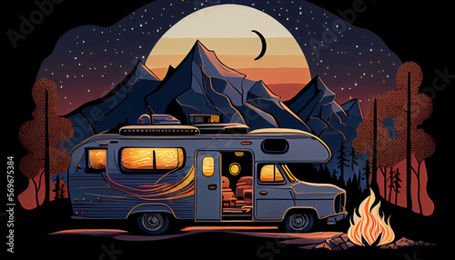 motorhome camping trip with a campfire and moonlight generated by AI photo