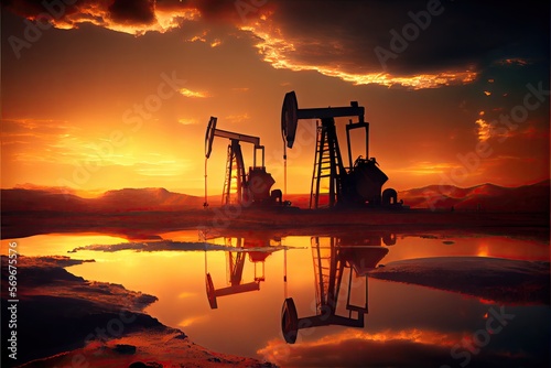 Oil pump rig platform mining oil at sunset. Generative AI Illustration