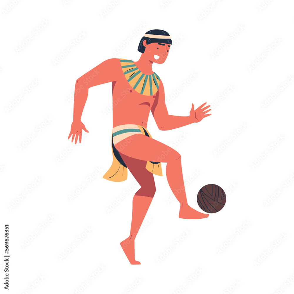 Maya man in traditional costume and headdress performing playing with ball cartoon vector illustration